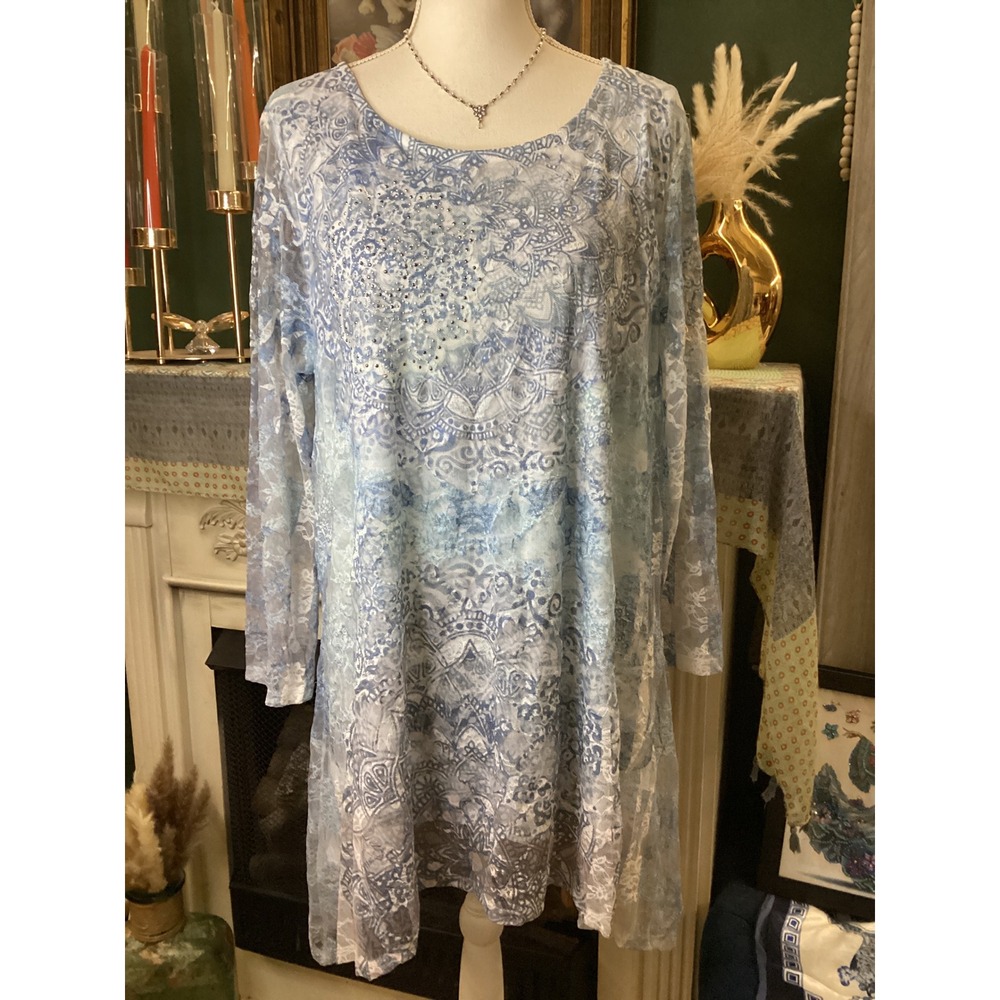Cal Style Womens XL Blue White Mandala Paisley Lace Rhinestone Tunic Top USA